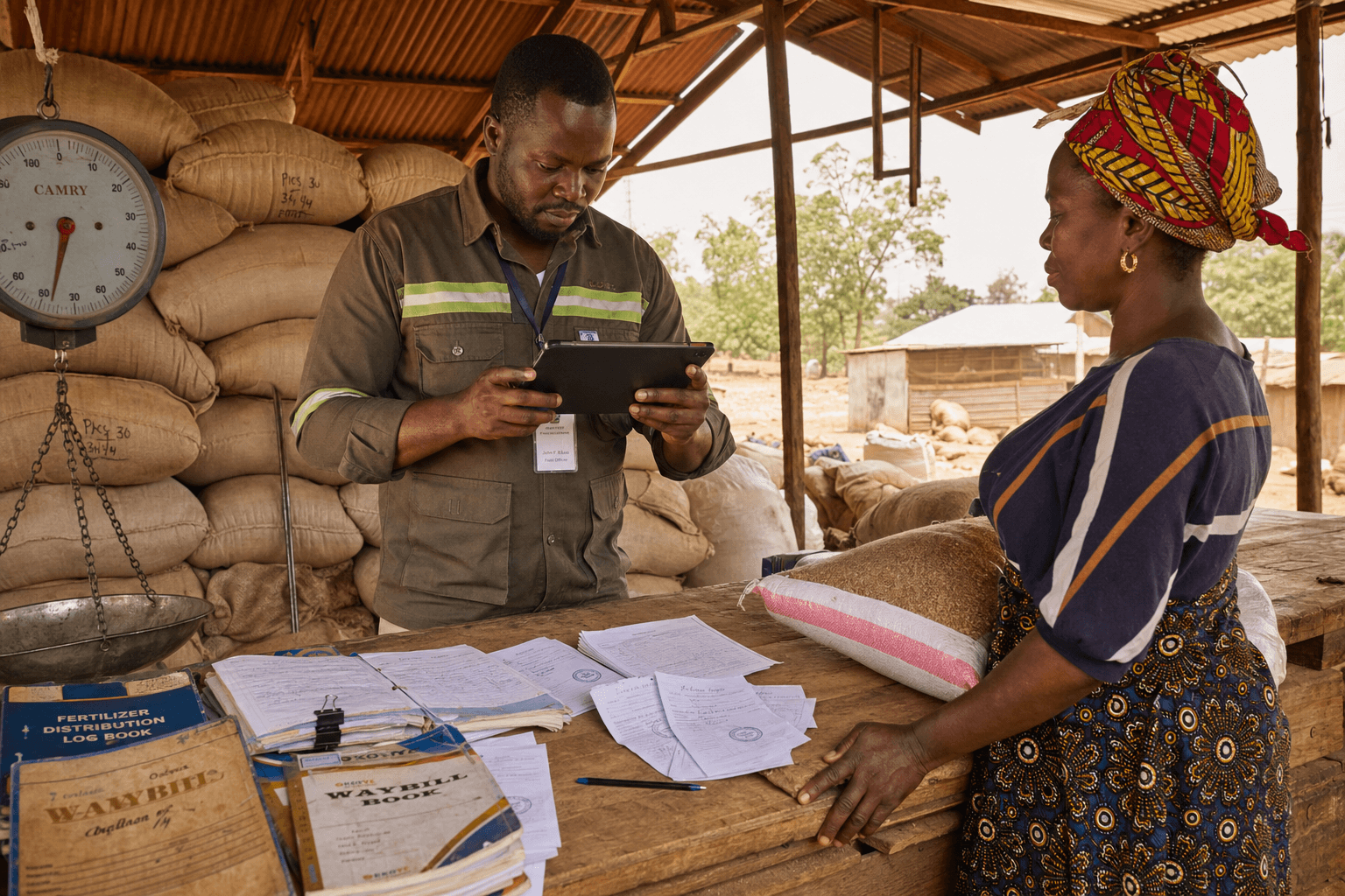 Agribusiness field officer digitizing grain delivery receipts and waybills at a rural African collection center with stacked grain sacks