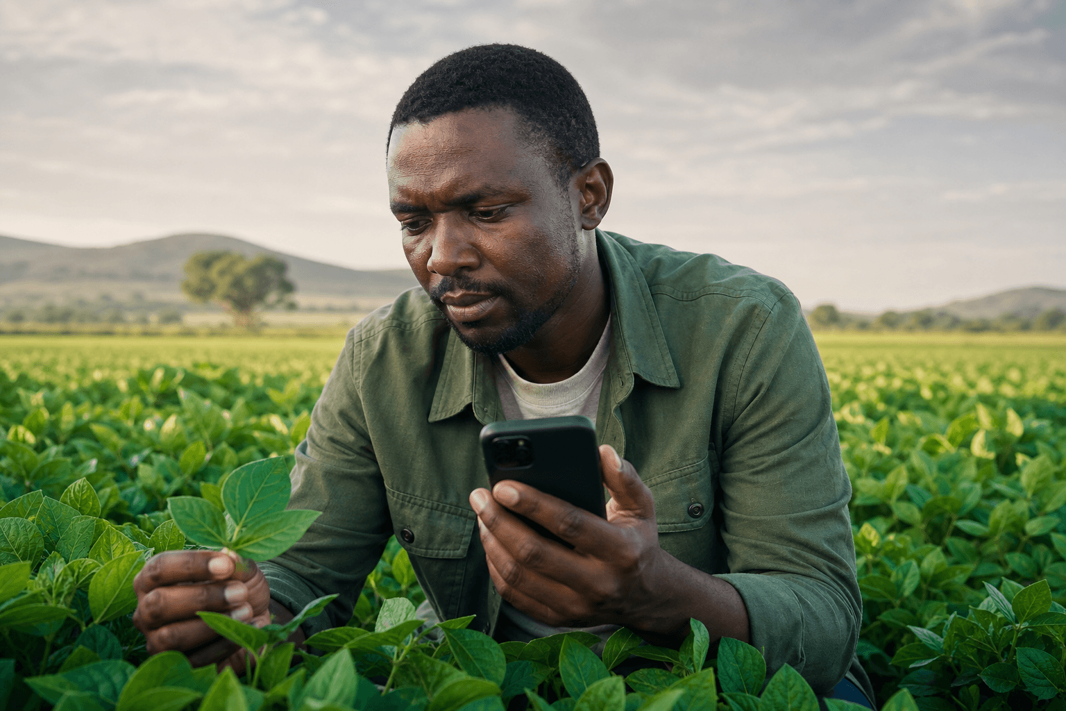 African male farmer holding a smartphone in a field while AI identifies crop disease from leaf images