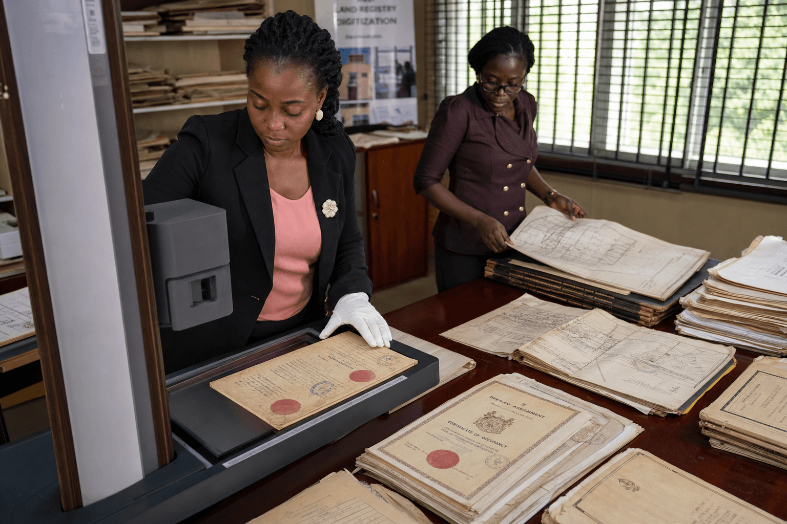 African land registry archivist digitizing historical stamped land deeds and survey plans with an overhead document scanner