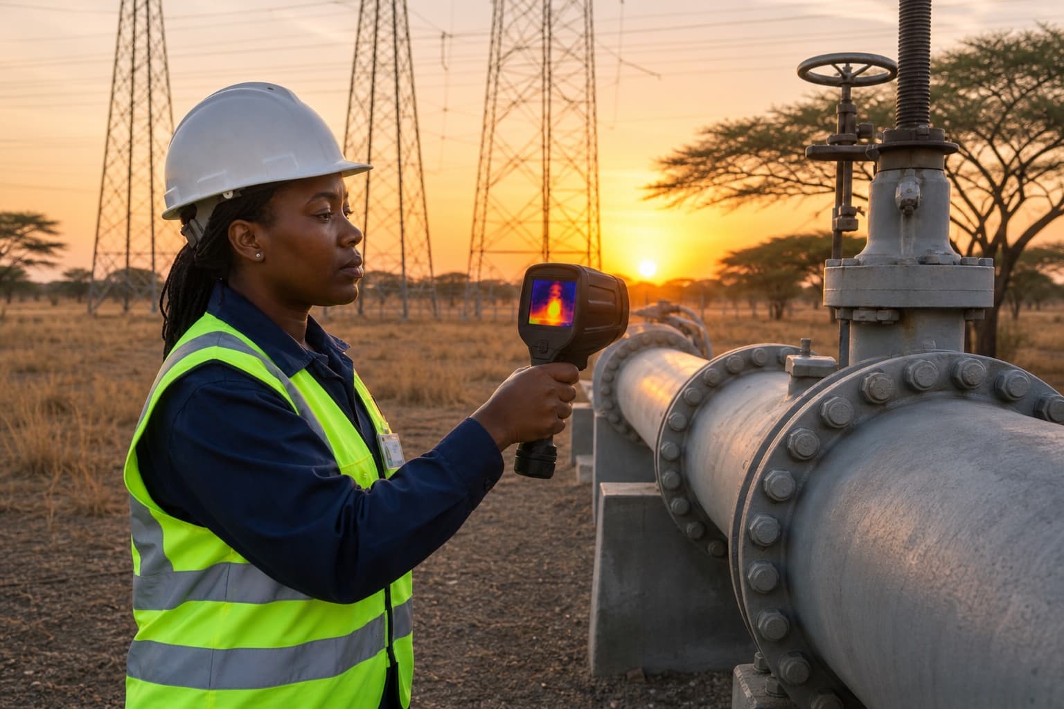 African female energy engineer inspecting a pipeline valve with a handheld thermal camera beside transmission towers at dusk