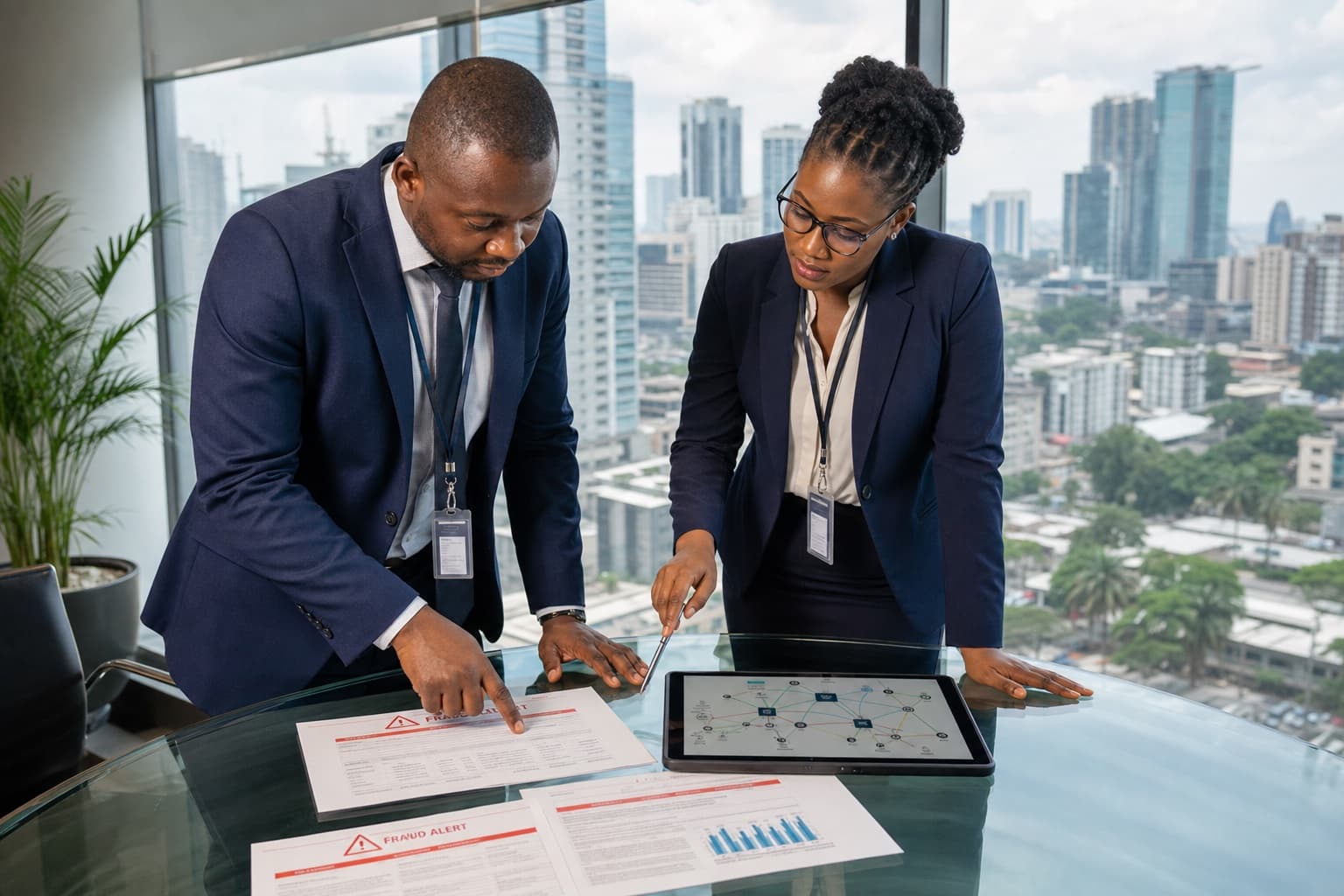 African bank investigators collaborating around a glass strategy table reviewing fraud alert printouts and money-trail diagrams