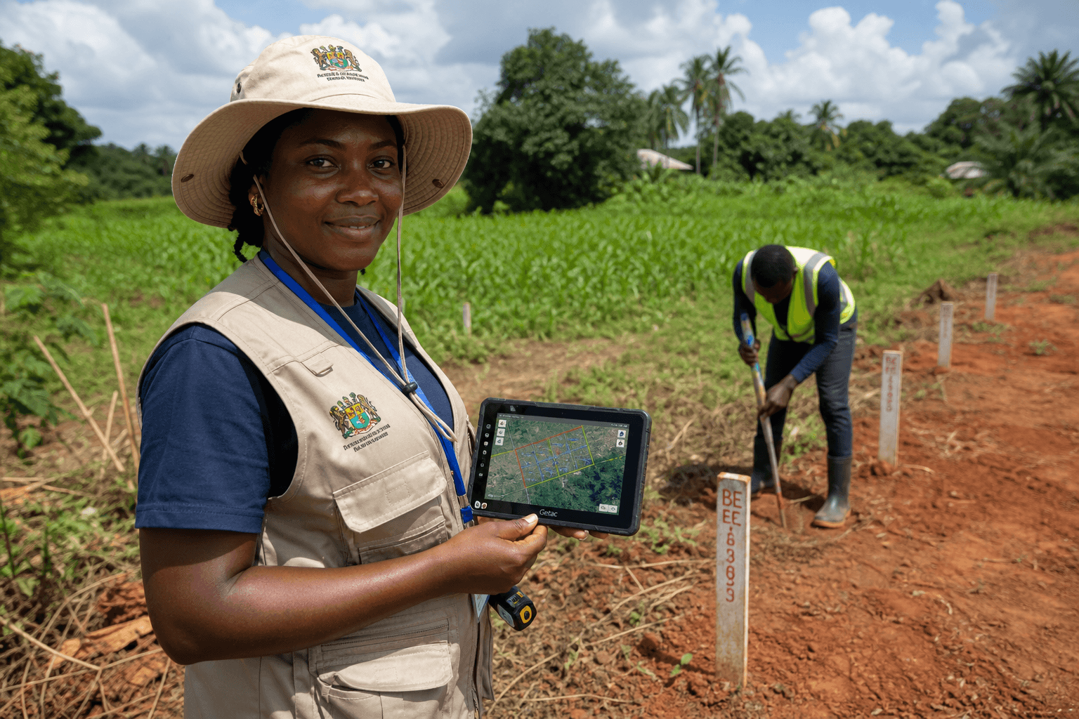 African female surveyor using a GPS field tablet beside wooden boundary markers on a rural land parcel