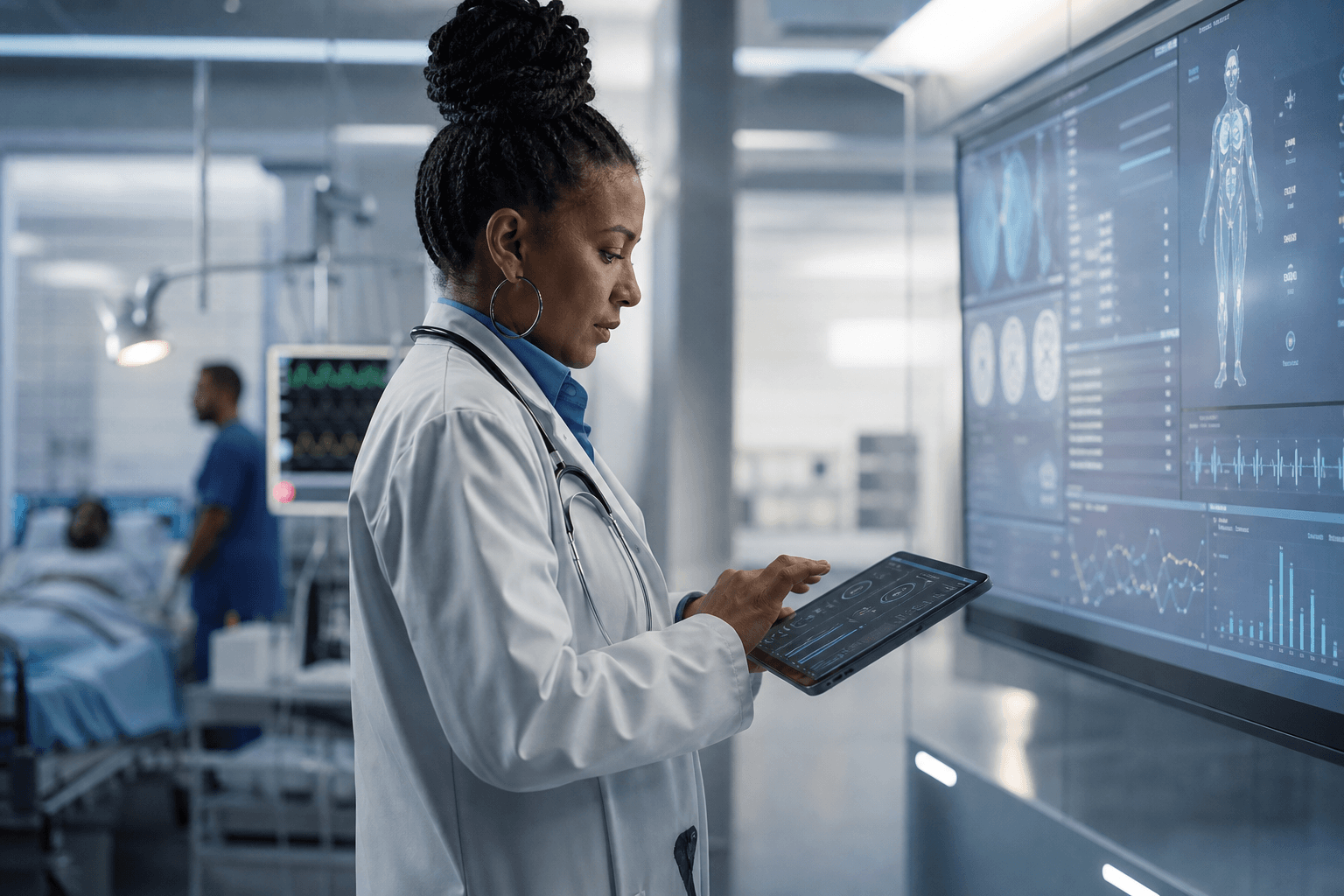 African female physician reviewing an AI-assisted patient dashboard in a modern hospital
