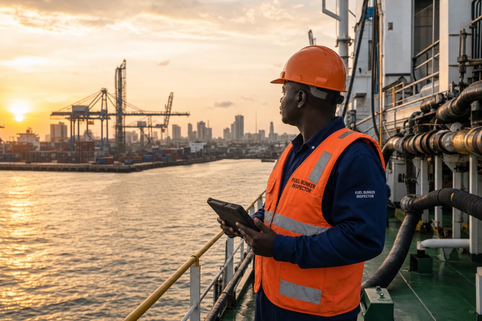 African male ship fuel inspector on a cargo vessel deck checking bunkering equipment at an active seaport