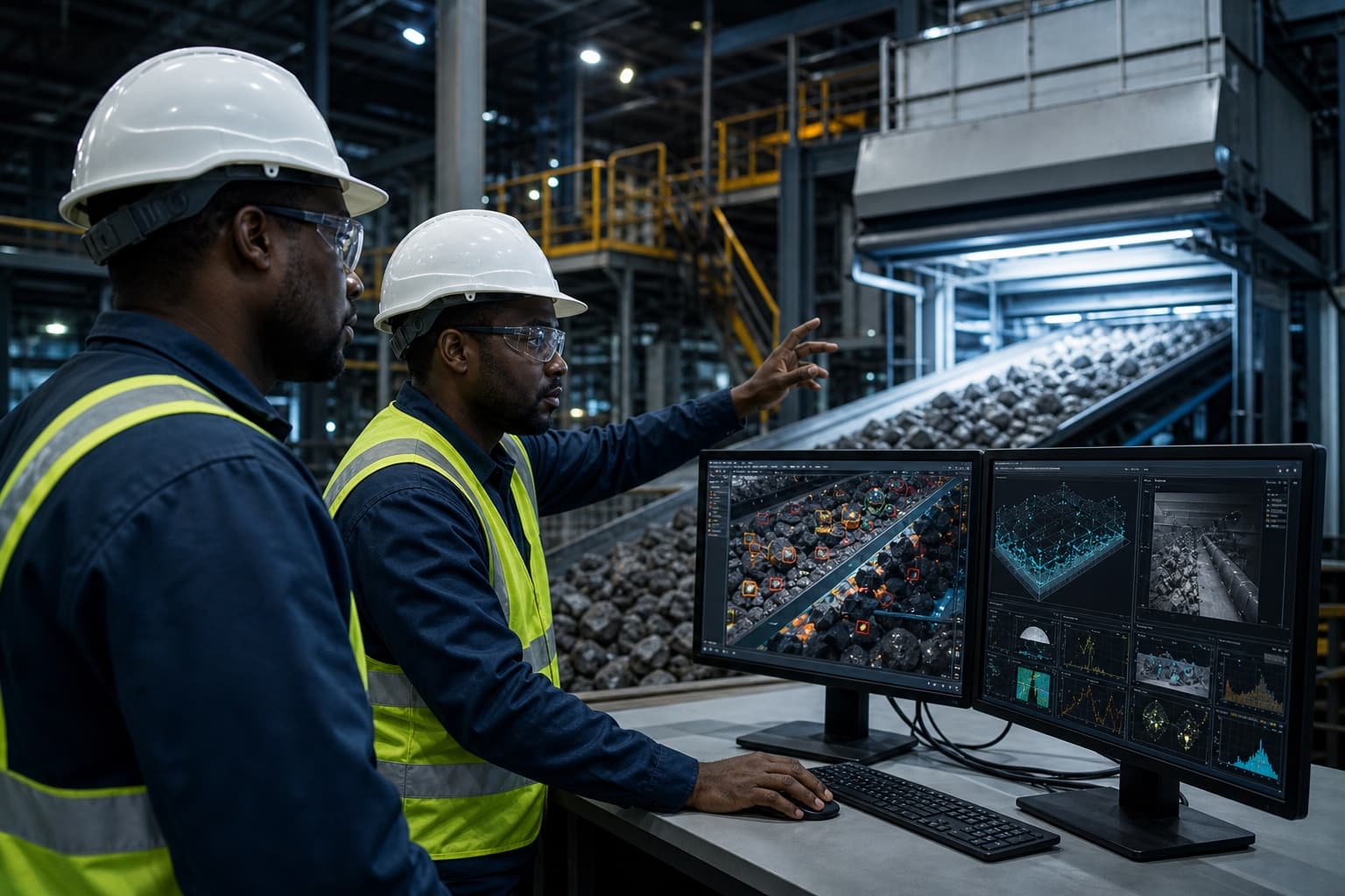 African male mining engineers monitoring AI-powered ore sorting systems and computer vision analytics in a modern mining technology facility