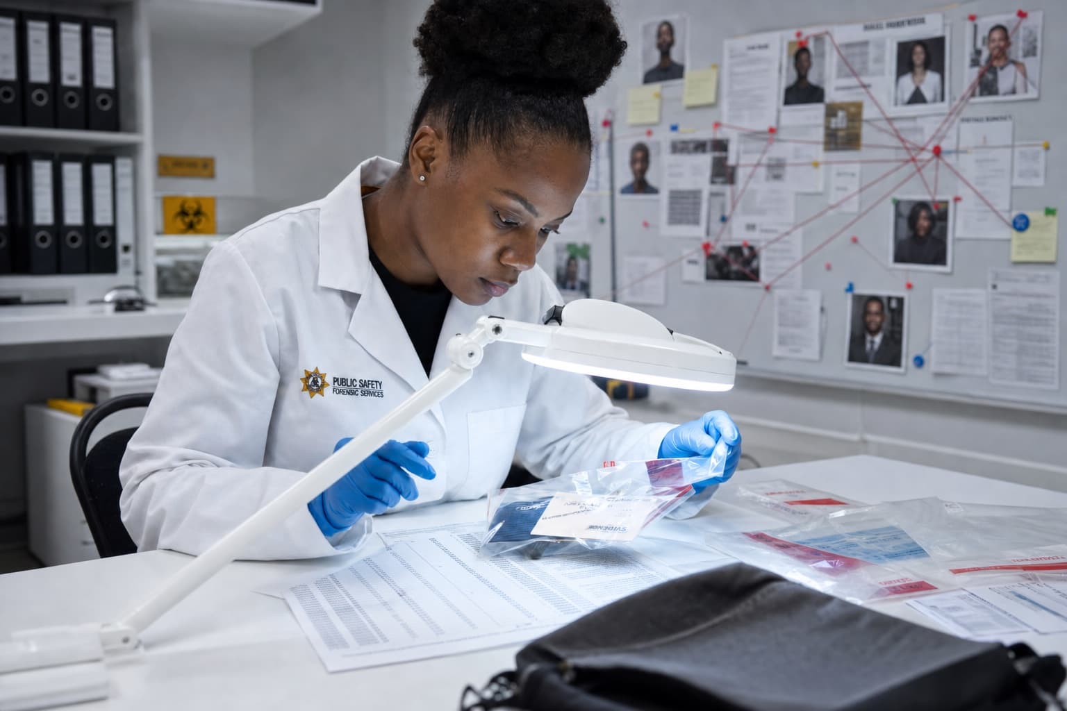 African female forensic investigator examining evidence bags and financial crime ledgers under a magnifying lamp in a modern lab