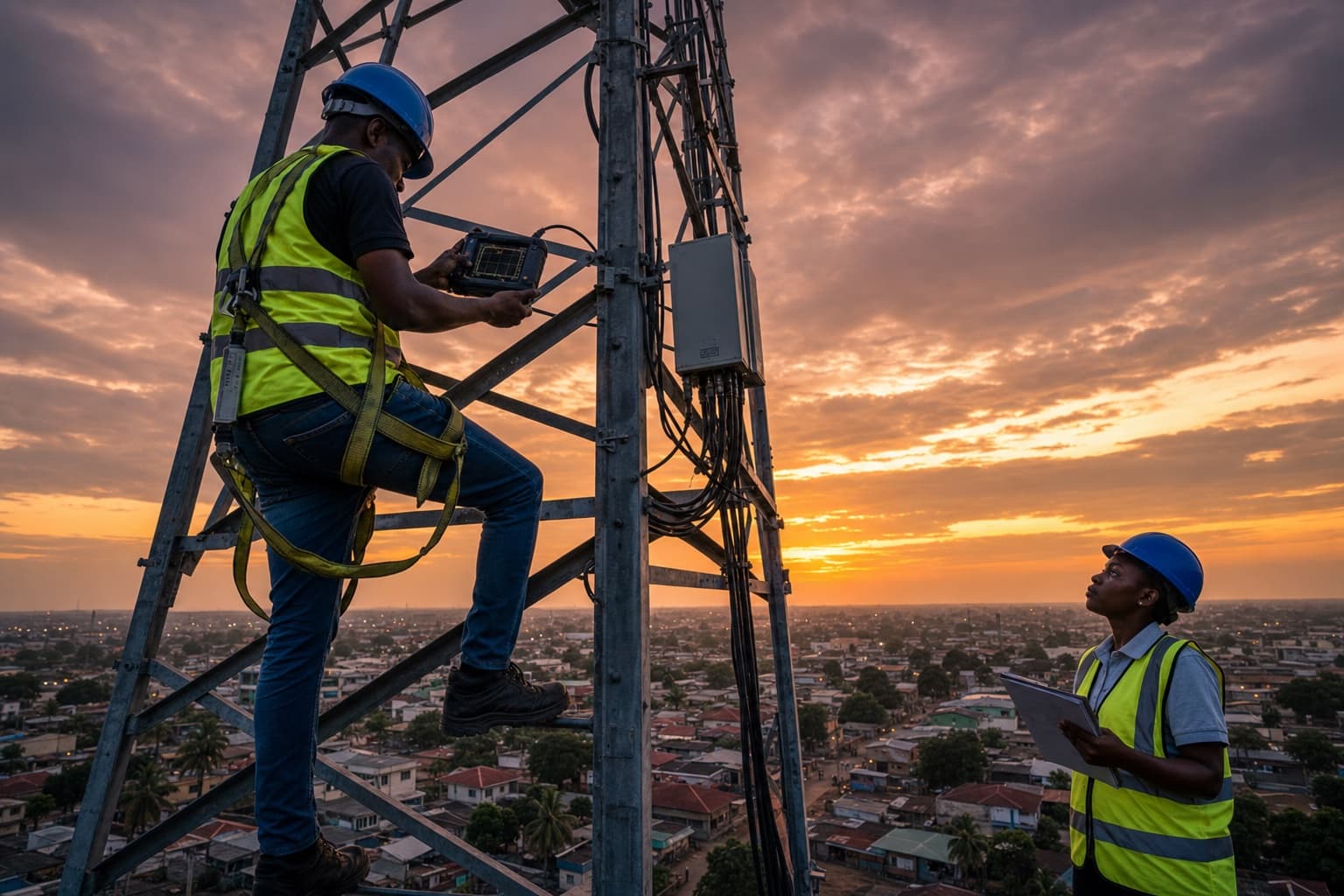 African telecom engineers performing field RF diagnostics beside a cellular tower at dusk