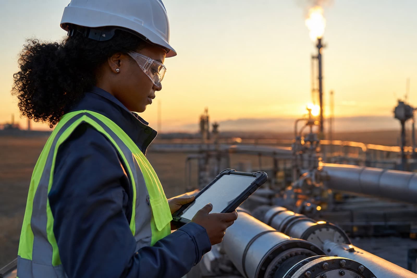 Black female energy engineer monitoring remote industrial infrastructure and AI-powered safety systems