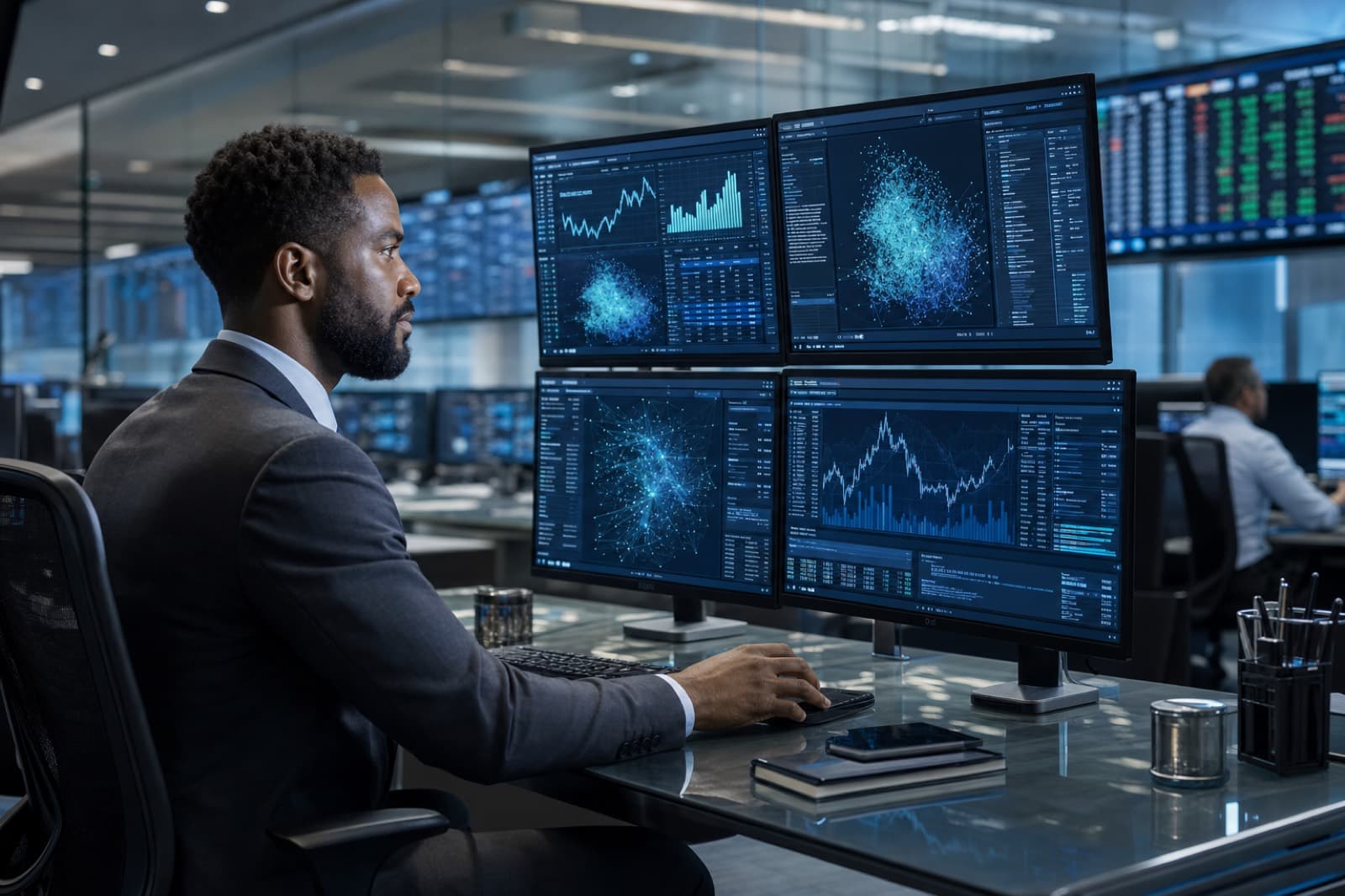 Black male investment analyst reviewing generative AI research dashboards in a trading environment
