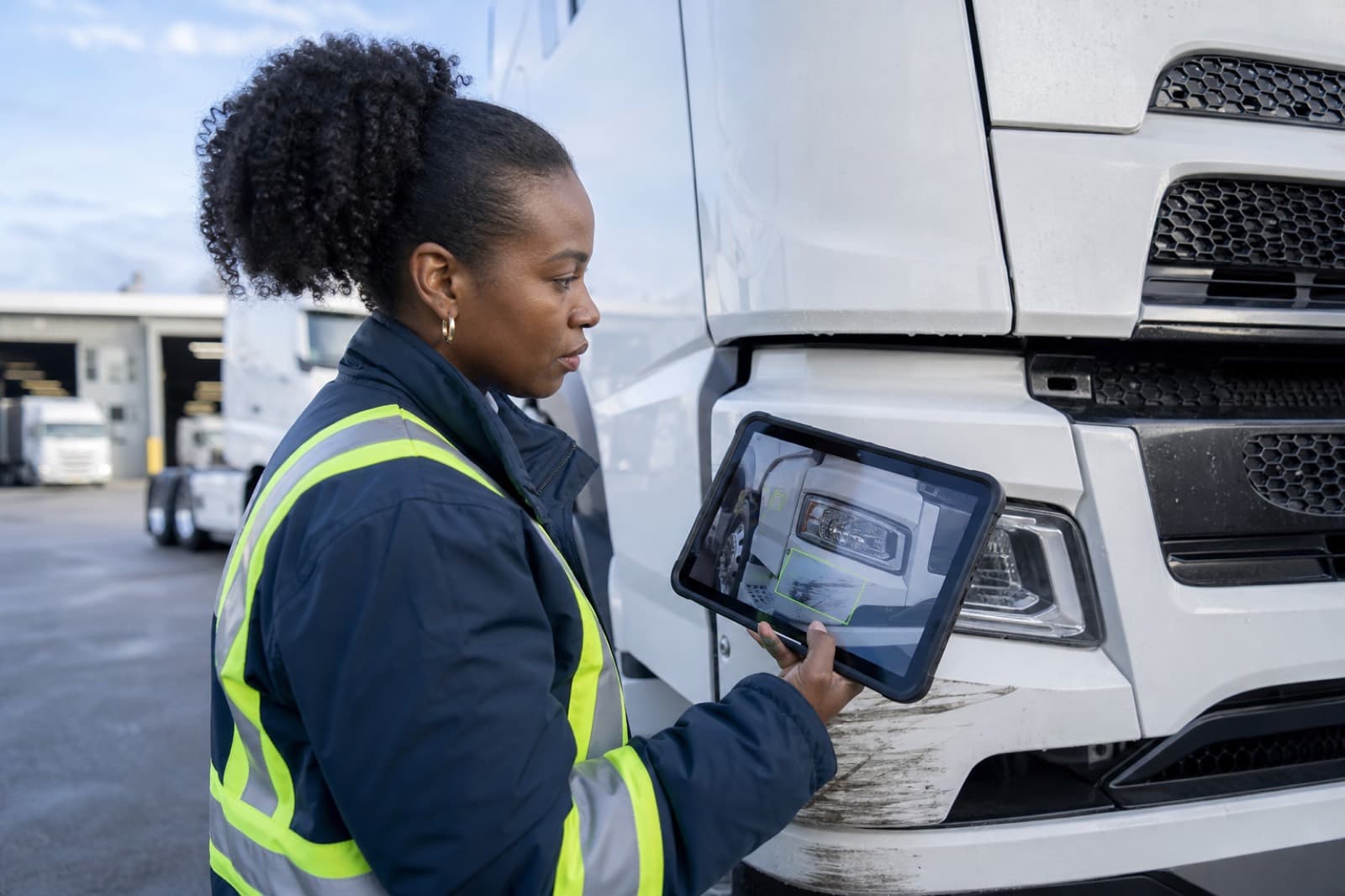 Black female fleet operations manager inspecting commercial vehicles using AI inspection software